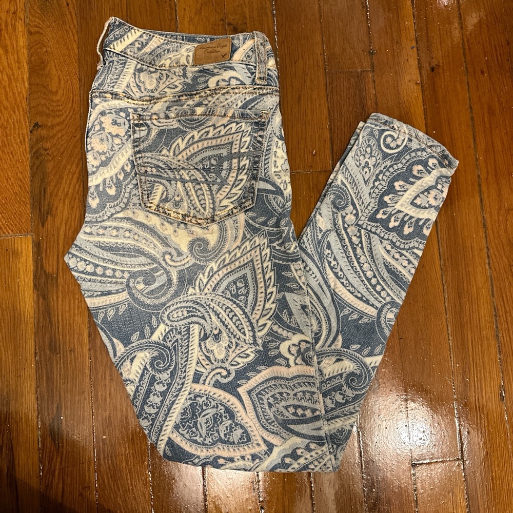 Paisley Patterned Blue and Cream Women's Jeans